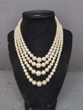 Vintage Multi Strand Faux Pearl Rhinestone Choker Collar Necklace French Country